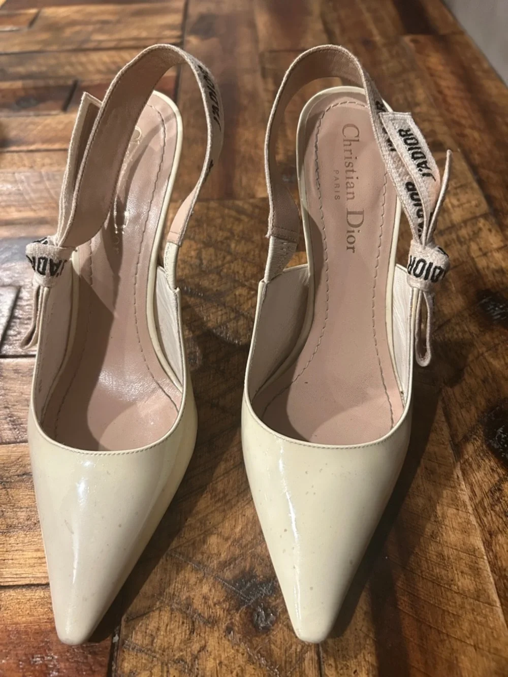 Dior Cream Patent Leather Pointed Slingback Pumps with Logo Ribbon - Picture 1 of 4
